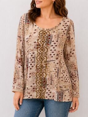 SUNDANCE Boho Embroidered Floral Knit Shirt Top Cottagecore Tan Long Sleeve XL